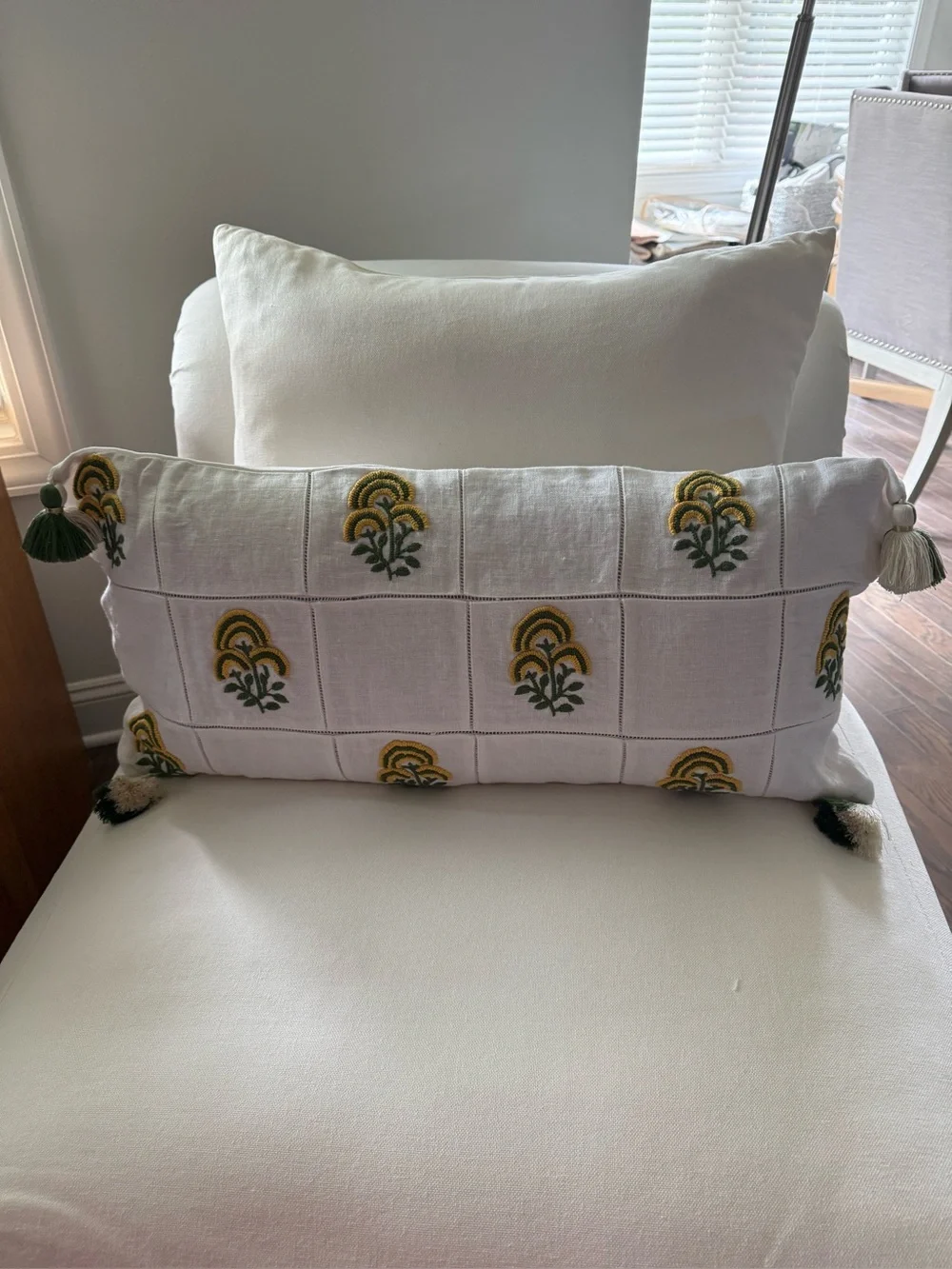 New! SERENA & LILY 100% Linen Embroidered Tassel Pillow 14x30